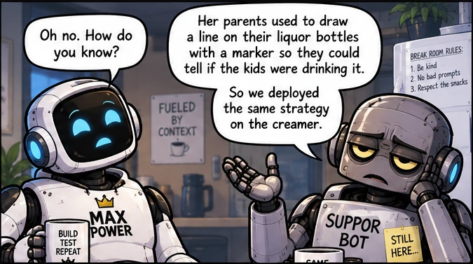 Support Bot explains that Linda thinks someone is stealing her creamer.